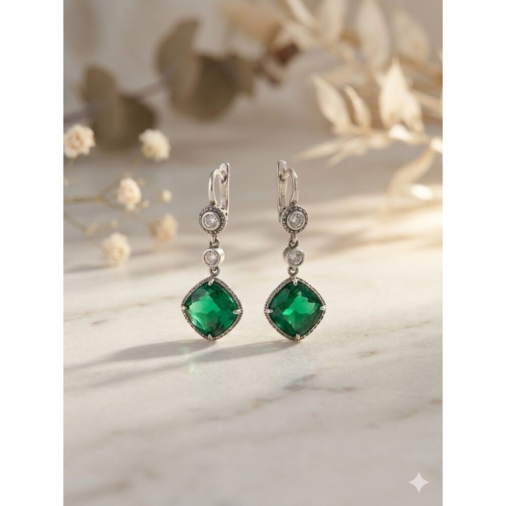 Real Silver Drop Earrings with Emerald Green Cushion Stones Handmade
